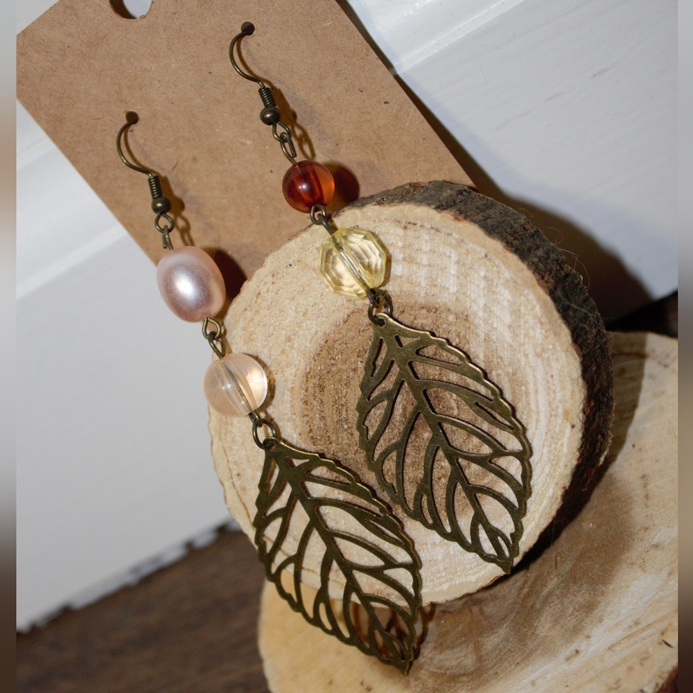 Handmade Leaf Drop Earrings with Multicolor Beads -Hypoallergenic